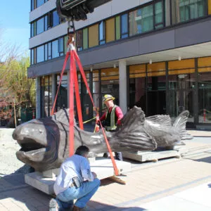 "Still Here" custom precast concrete salmon sculpture Carmen Rosen, Vancouver, BC