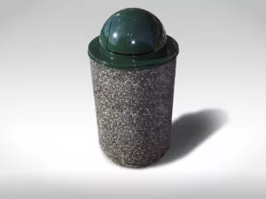 Nanaimo round exposed aggregate precast concrete garbage can with steel swing lid