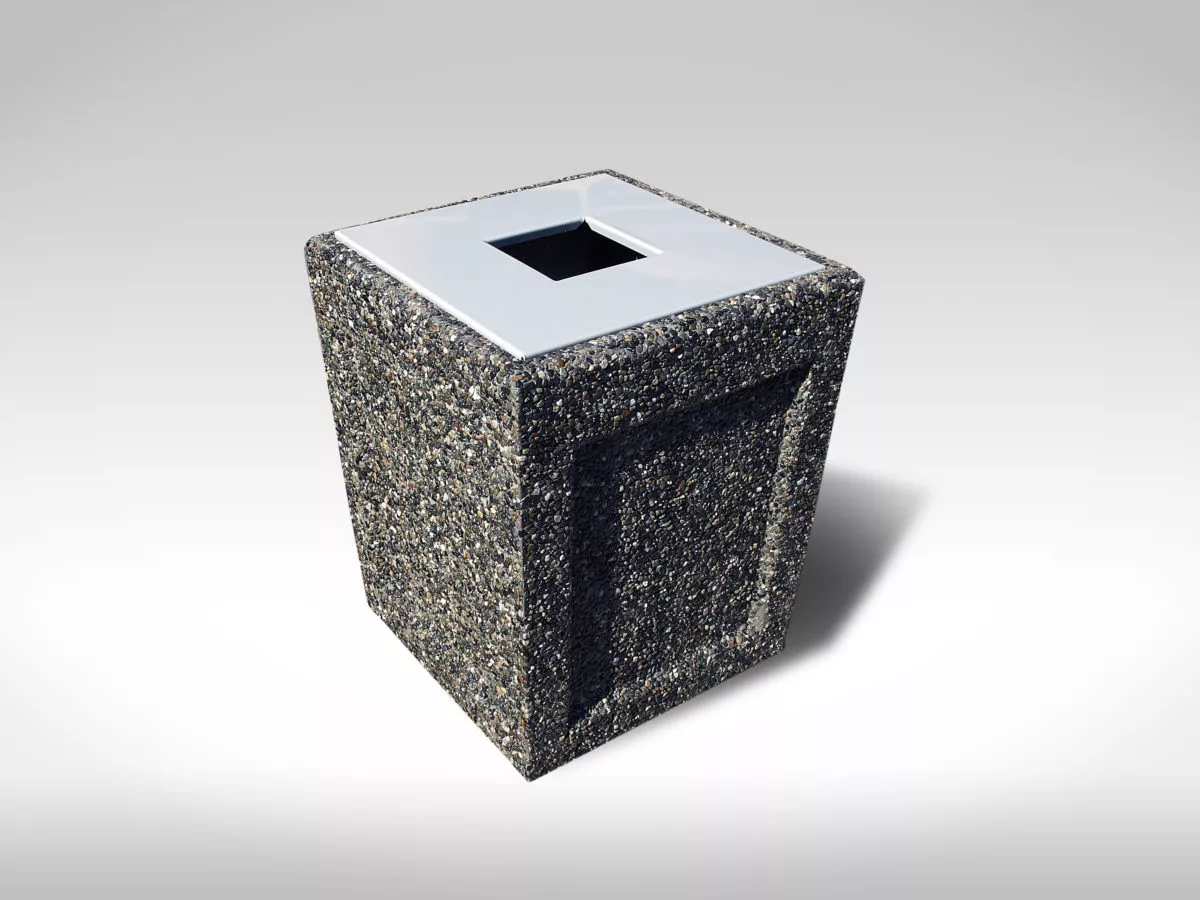 Victoria Square exposed aggregate precast concrete garbage can with open steel lid