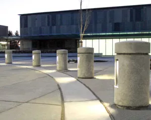 lighted security bollards precast concrete plain cement look Guildford Aquatic Centre, Surrey, BC