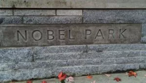 custom precast concrete sign Nobel Park, Wesbrook Mall, Vancouver BC