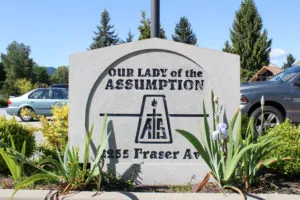 custom precast concrete sign Our Lady of the Assumption School, Port Coquitlam, BC