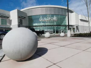 precast concrete spheres traffic control bollards Guildford Mall, Surrey, BC