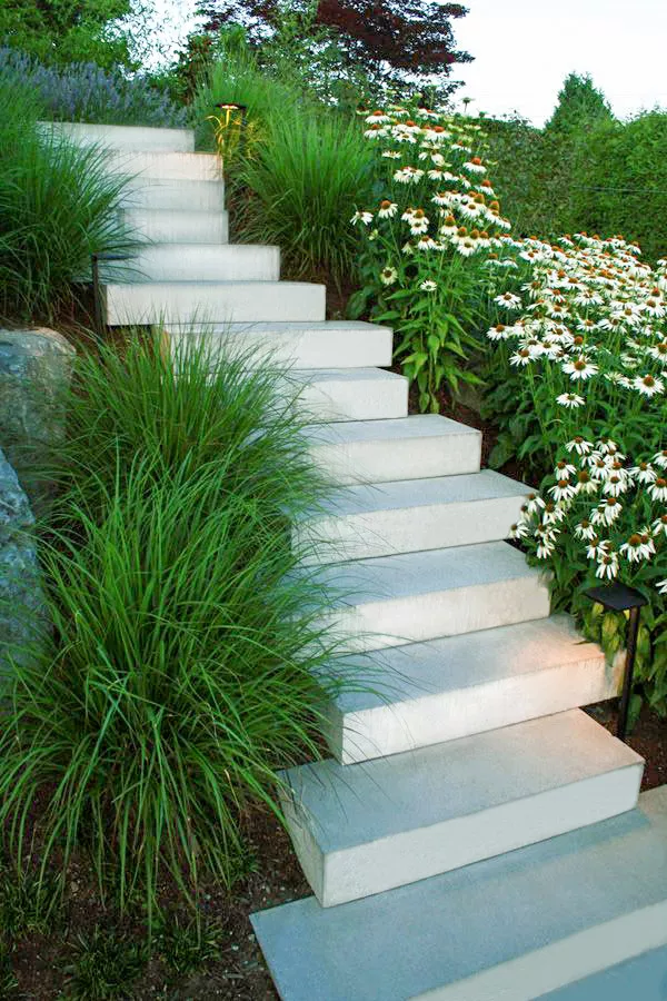 Staggered weathered precast concrete landscaping steps installed in Vancouver British Columbia