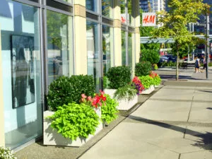 White precast concrete barricade planters