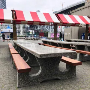 Columbia precast concrete picnic table Granville Island Public Market Vancouver BC