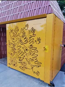 powder coated gate Artwork on the sliding gate for the Precast concrete public washroom building in Surrey BC