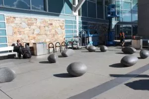 polished precast concrete benches pebbles vancouver airport