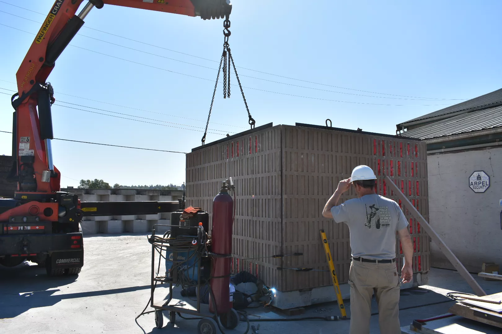 Precast concrete washroom shell coming together during fabrication