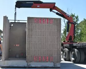 Assembling the exterior walls panel precast concrete washroom building Surrey BC