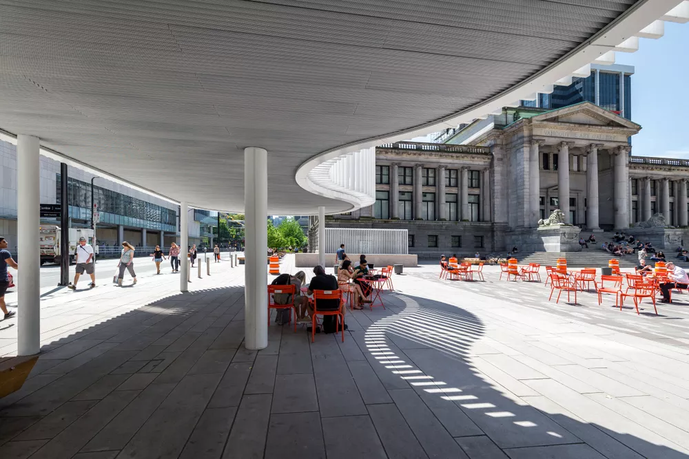 Contemporary large concrete paving slabs in a modern landscape