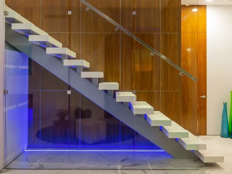 Custom precast concrete steps installed on a commercial staircase with modern railing and durable outdoor finish