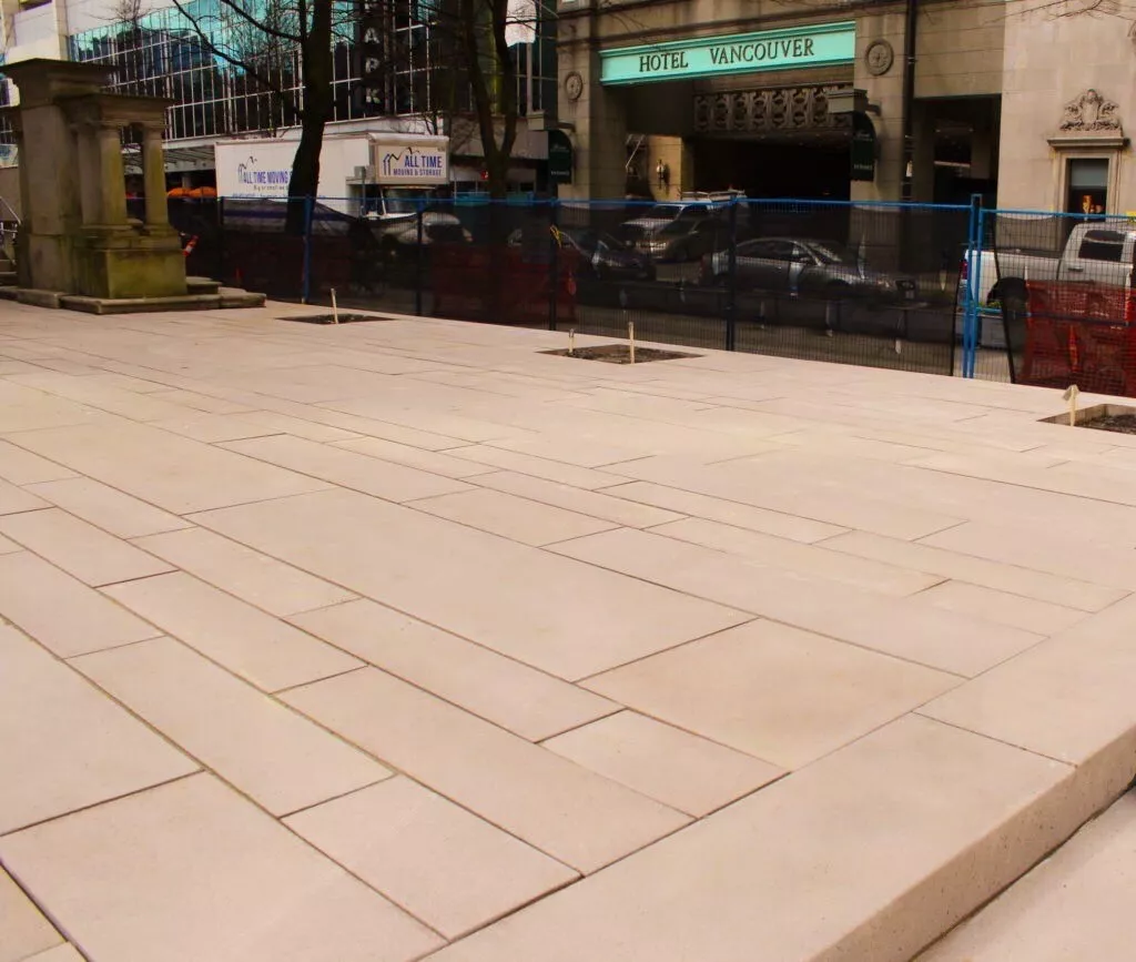 Custom coloured precast concrete pavers used in an urban landscape