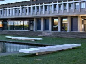 SFU 32 foot white concrete bench with ipe insets rain