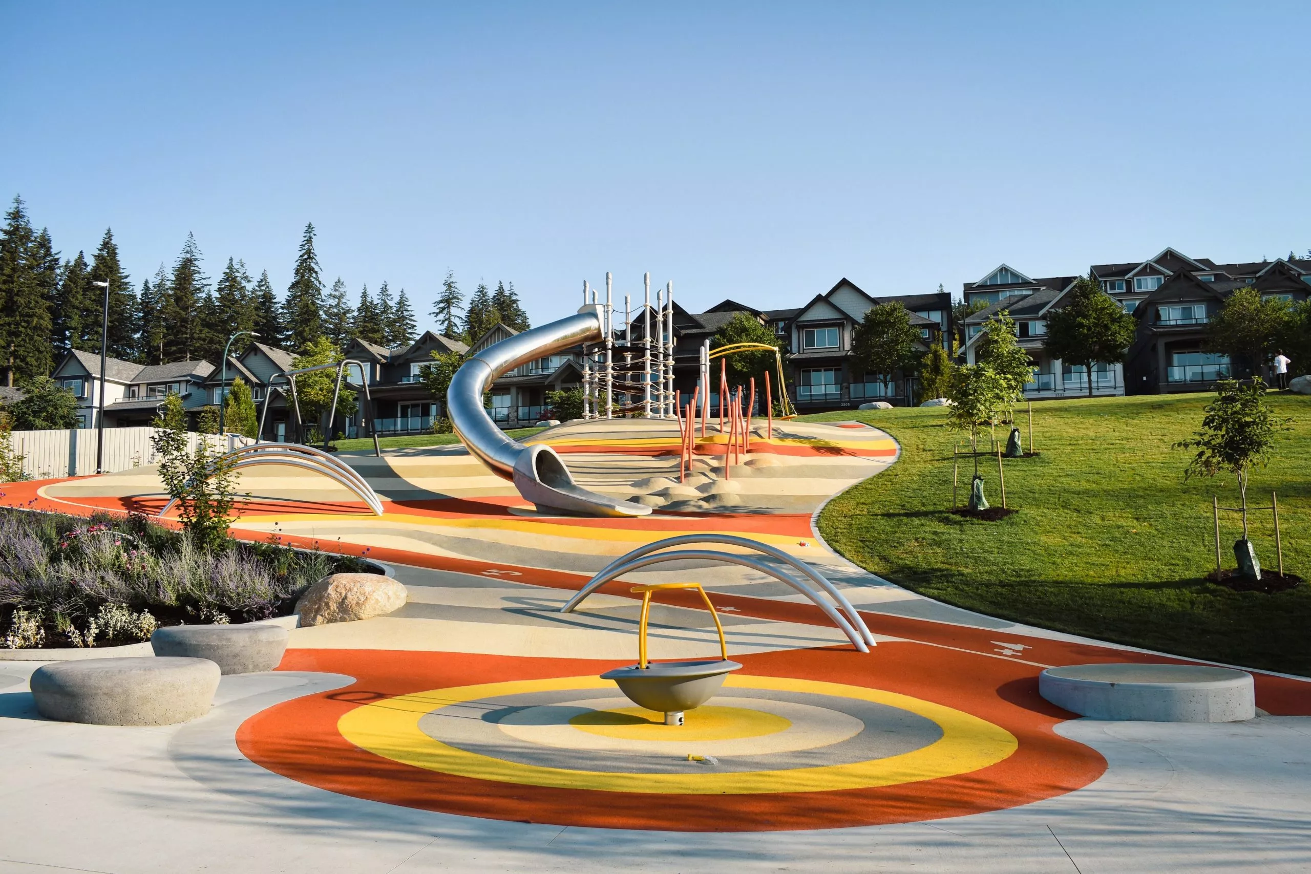 Innovative precast concrete playground featuring bold design, durable structures, and vibrant colours for community spaces.