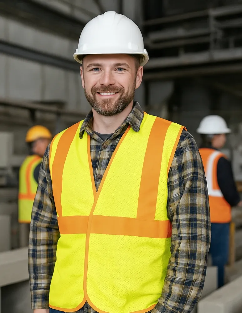 Sales estimator in safety gear standing at a custom precast concrete facility, ready to assist clients