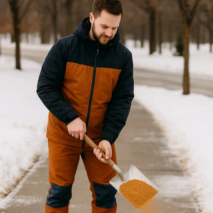 Man applying sand on icy cobblestone path to add traction and prevent salt damage on concrete surfaces.