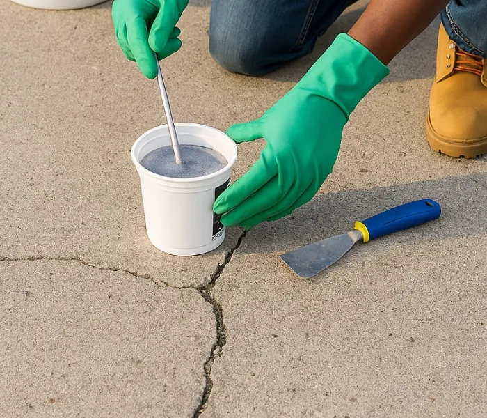 Man repairing a sidewalk crack with concrete filler to prevent surface damage during winter.