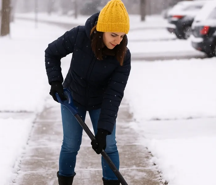 Woman shoveling snow from a sidewalk to prevent slips and reduce salt damage on concrete.