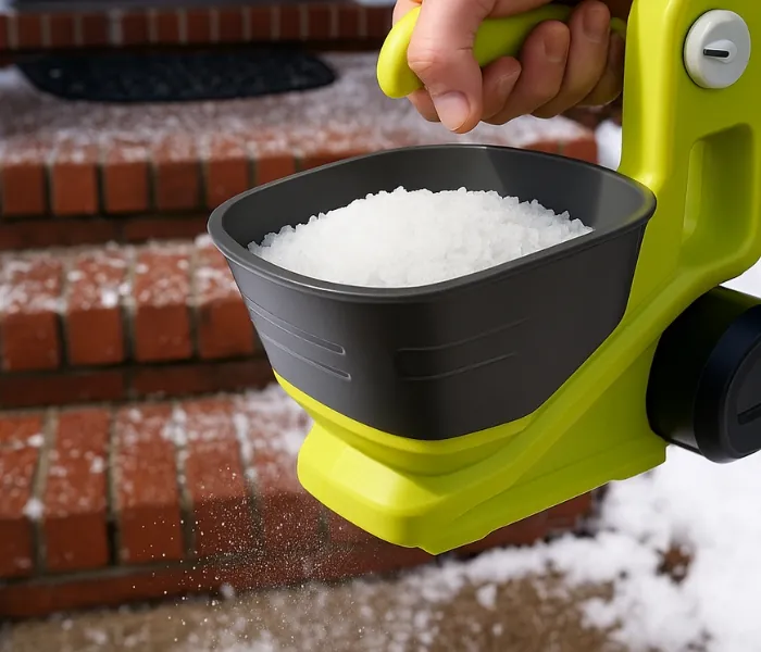 Handheld spreader applying salt on concrete steps to prevent ice and reduce salt damage on concrete surfaces.