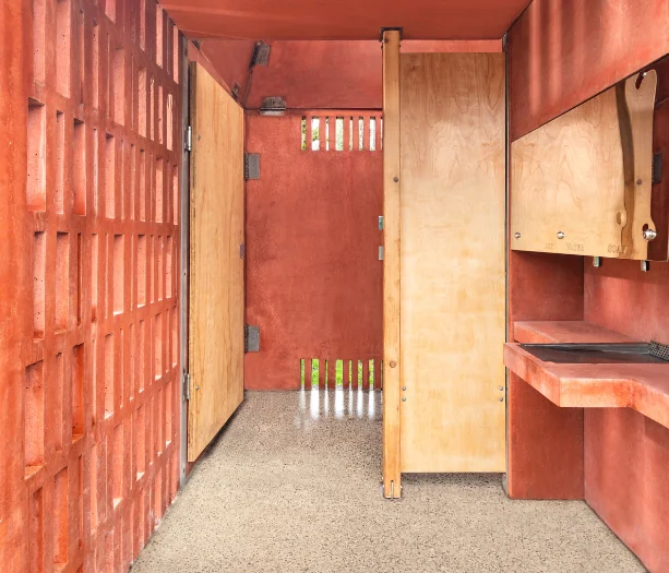 Interior of precast concrete public washroom