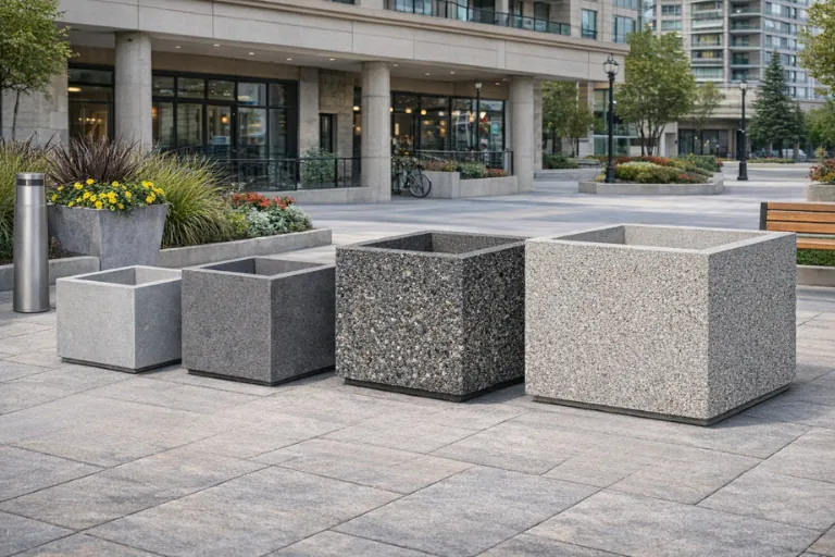 Tall exposed aggregate concrete pots
