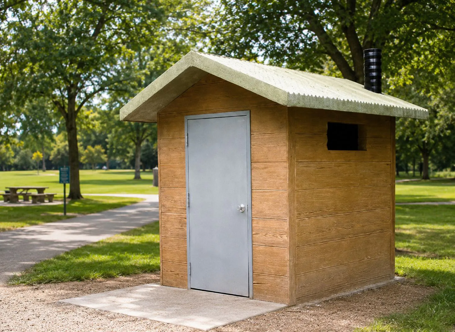 Precast concrete pit toilet installed in an outdoor public green space