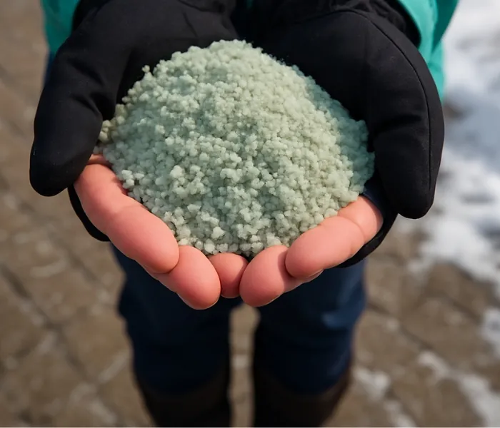 Hands holding a pile of green de-icing salt to illustrate salt damage on concrete during winter.