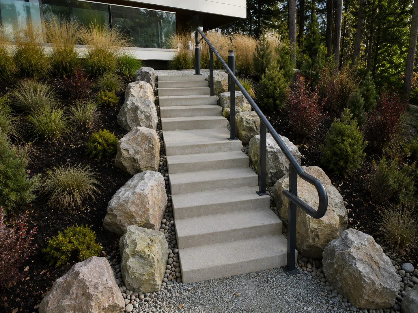 Exposed aggregate Roman precast concrete landscape steps installed in Whistler British Columbia