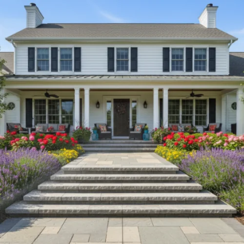 Front view of a white house featuring modern concrete patio steps leading to a beautiful landscaped garden entrance.